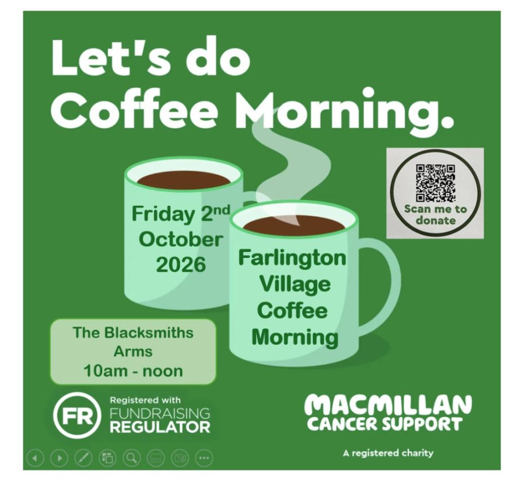 MacMillan Coffee Morning, 2nd October 2026, 10am-Noon, Farlington Village Hall